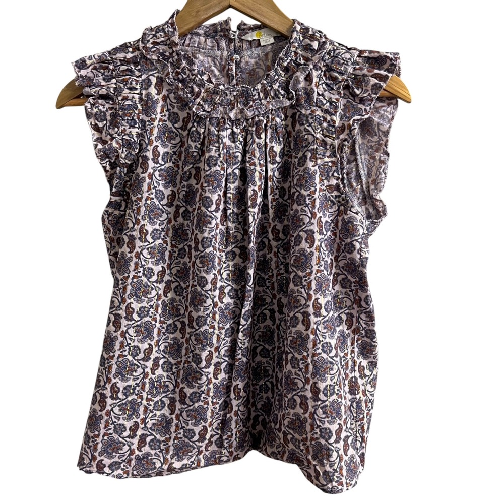 Boden Floral Paisley Ruffle Blouse Purple Metallic Lurex Sleeveless US 6 Womens